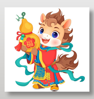 马年春节小马驹捧葫芦卡通插画