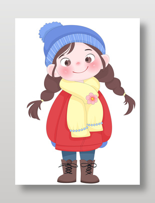 小女孩穿红色保暖冬装卡通插画