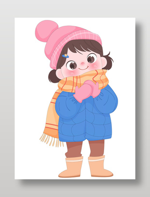 小女孩穿保暖蓝色冬装卡通插画