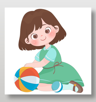 小女孩玩彩色皮球玩具儿童教育插画