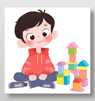 小男孩搭建彩色积木房子儿童教育插画