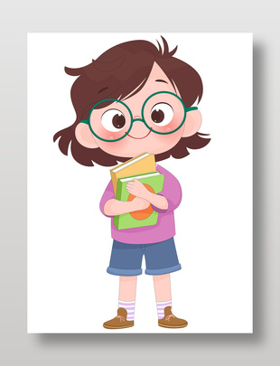 短发眼镜女孩拿书籍儿童教育插画
