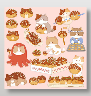 粉色系猫咪厨师面点零食卡通插画