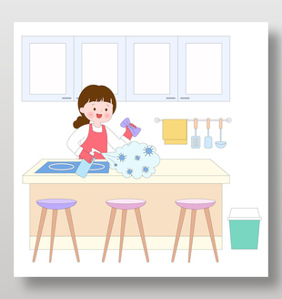 大扫除厨房清理清洁灶台做家务卡通插画