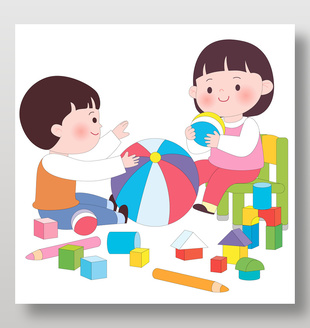 小朋友玩彩色皮球积木块儿童教育插画