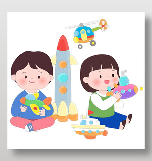 小朋友玩飞机火箭游艇船直升机教育插画