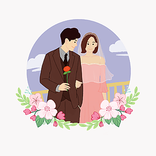 浪漫情侣甜蜜花卉相伴卡通插画