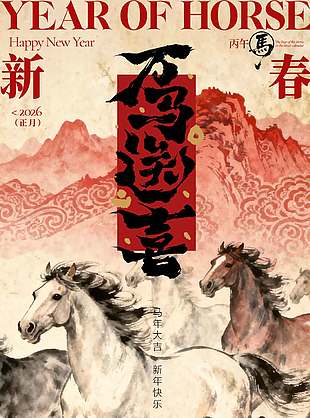 万马送喜新年快乐传统节日海报