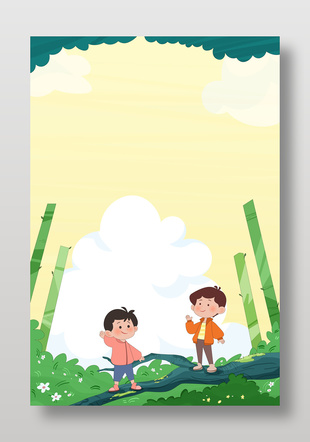 春天郊游小朋友竹林玩耍儿童教育插画