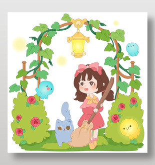 春天小女孩玫瑰园打扫卫生儿童插画