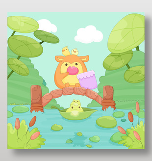 春天小精灵青蛙池塘玩耍卡通儿童插画
