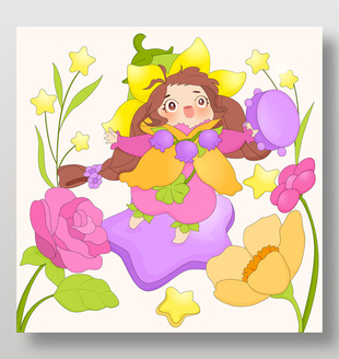 春天花朵小精灵开心玩耍卡通儿童插画