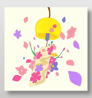 春天樱花风铃明信片花瓣飘落卡通插画