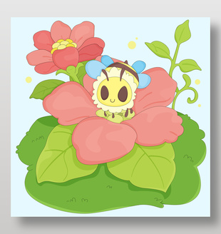 春天粉色花朵小蜜蜂采蜜可爱卡通插画