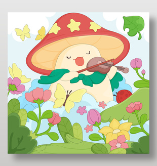 春天蘑菇小精灵草地弹奏小提琴卡通插画