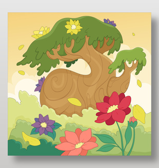春天大树下花瓣飘落可爱卡通插画
