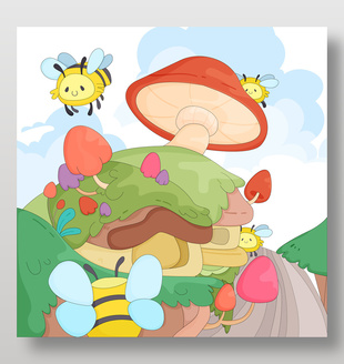 春天山坡小蜜蜂自然可爱卡通插画