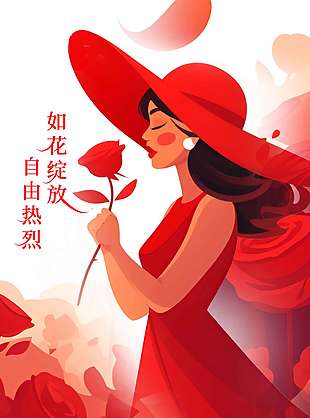 如花绽放自由热爱妇女节红色节日海报