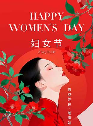 妇女节自成光芒璀璨如你红色节日海报
