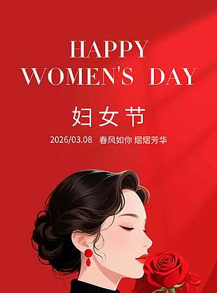 春风如你熠熠芳华妇女节红色节日海报
