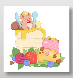 水果冰淇淋蛋糕松鼠美食卡通插画