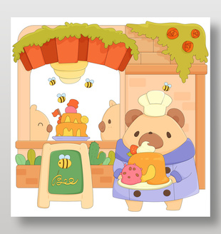可爱小熊厨师蛋糕甜品美食卡通插画