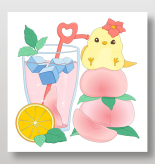 可爱小鸡水蜜桃果汁饮品美食卡通插画
