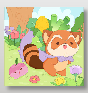 小浣熊采摘蔬菜美食卡通插画