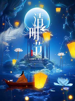 清明追思蓝色古风插画背景海报