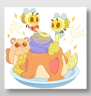 可爱小熊蜜蜂制作蛋糕美食卡通插画