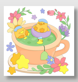 可爱小鸭子花园绿茶泡澡美食卡通插画