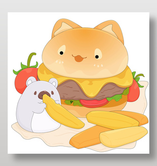 可爱小猫牛肉芝士番茄汉堡美食卡通插画