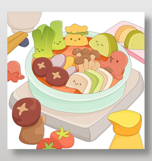 关东煮火锅蔬菜豆腐年糕番茄美食插画