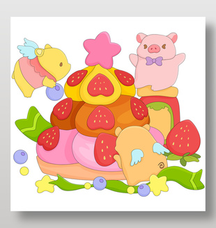 可爱小蜜蜂小熊草莓巧克力蛋糕美食插画