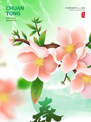 春分时节桃花盛开传统节气海报