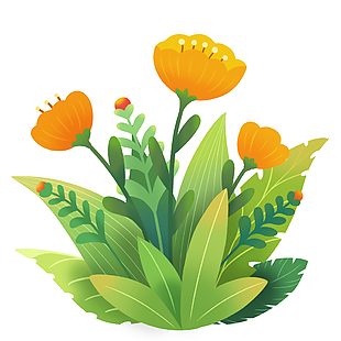 春天黄色花朵草丛卡通插画设计