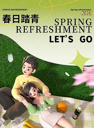 春日踏青情侣依偎插画背景海报
