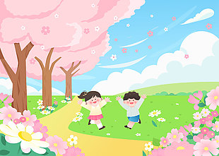 小朋友粉色樱花树下玩耍大自然背景插画设计