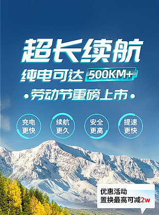 劳动节重磅上市超长续航纯电汽车宣传海报