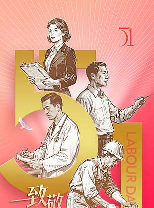 红色卡通风五一劳动节节日海报