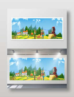 欢乐乡村乡土风景卡通插画设计