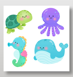 海洋动物海龟章鱼海马鲸鱼儿童教育卡片