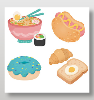 热狗寿司甜甜圈牛角包面包煎蛋可爱美食插画