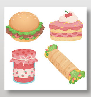 快餐汉堡蛋糕草莓果酱卷饼可爱美食插画