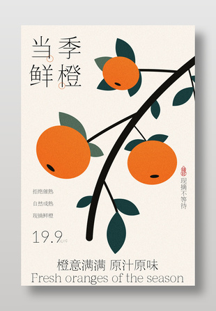 当季鲜橙手绘风简约水果宣传海报