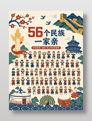 56个民族一家亲插画海报设计