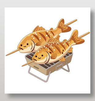 美味烤鱼卡通美食插画设计