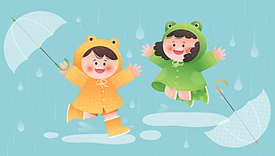 下雨天小朋友穿青蛙服雨衣户外玩耍儿童插画
