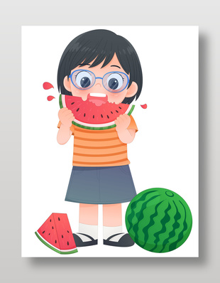 夏天解暑女孩吃西瓜儿童插画