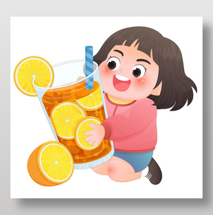 夏天解暑女孩喝柠檬冰茶儿童插画设计